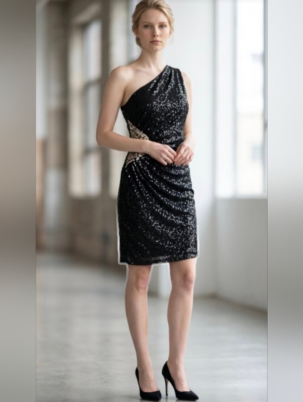 NWT@$60! JACKIE JON, NEW YORK! BLACK STRETCH, SEQUINNED 1 SHOULDER DRESS! SZ 10
